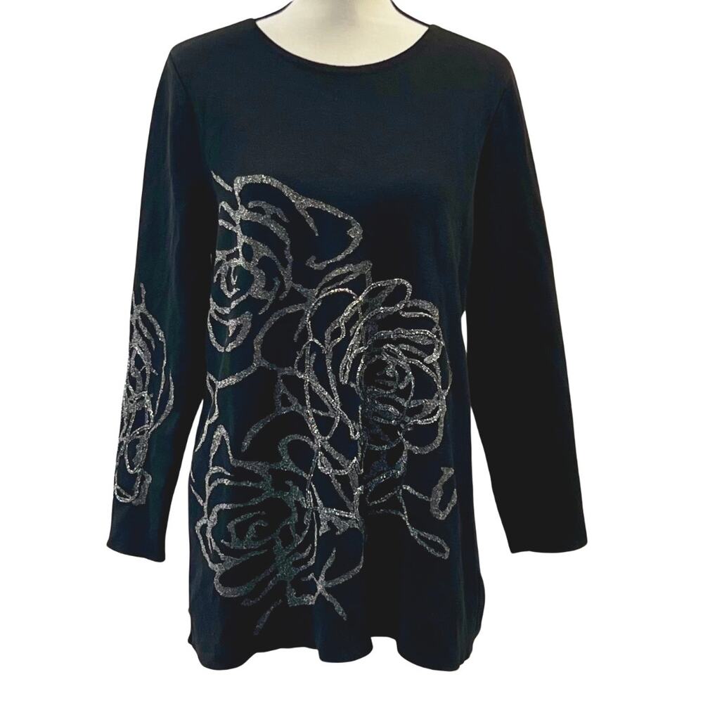 Alfani Women's Black Sweatshirt with Metallic Flowers Size L